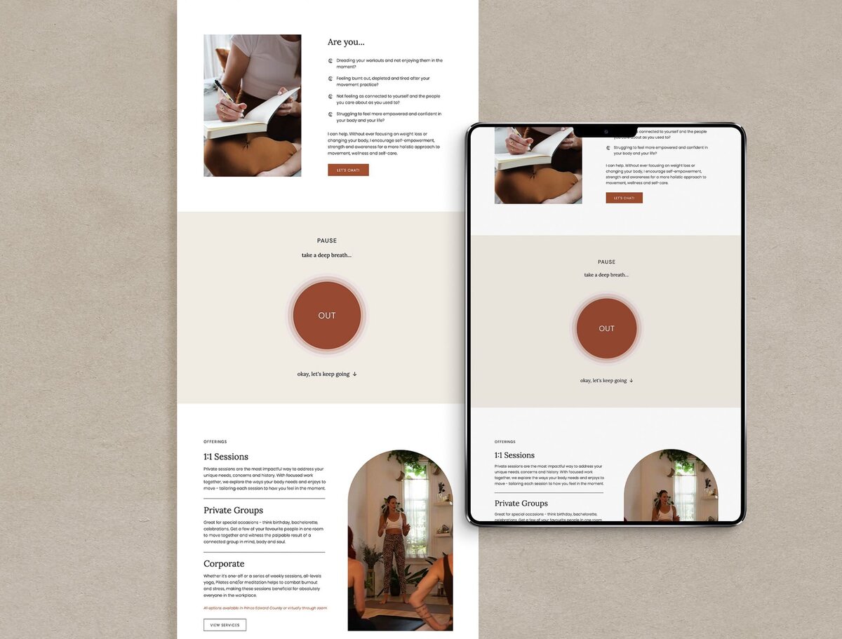 Responsive Showit website design for mindful yoga and Pilates instructor in Prince Edward County