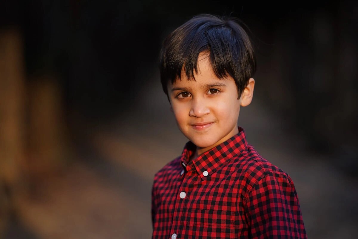 A small boy in a red checkered shirt smiling.