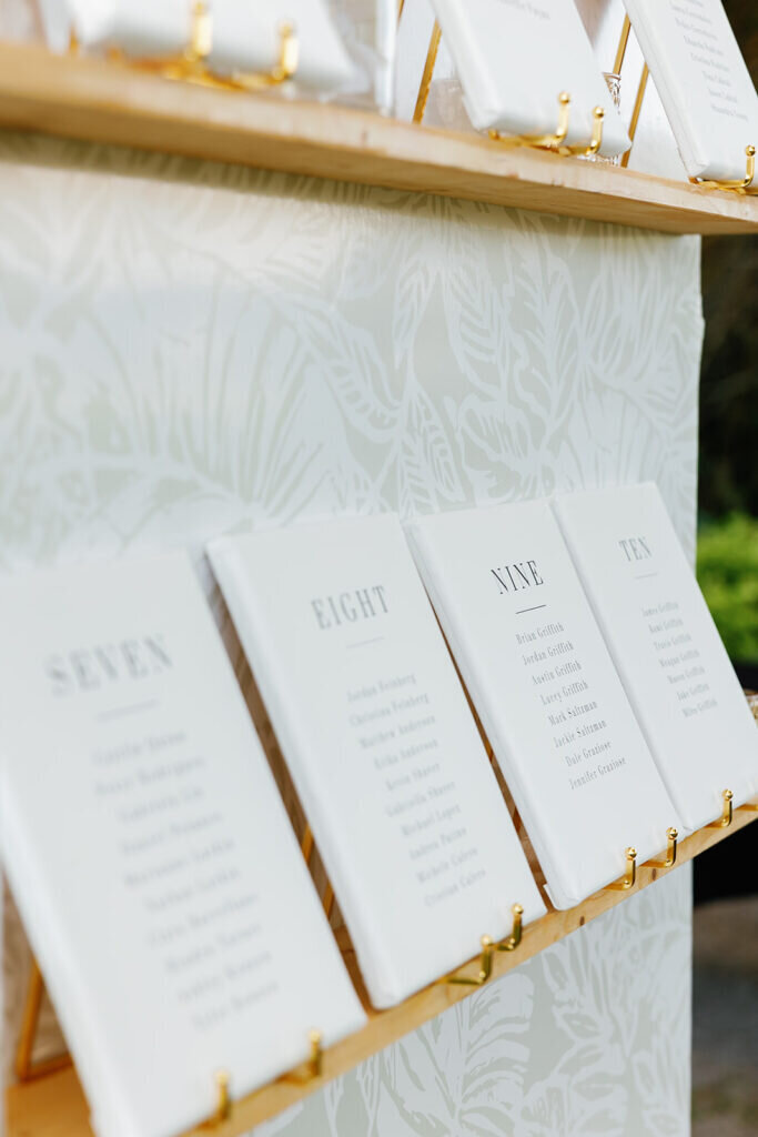 A close-up of the wedding seating chart featuring minimalist white cards with gold accents, beautifully arranged for an outdoor reception. Wedding details captured by Claudia Amalia Photography.
