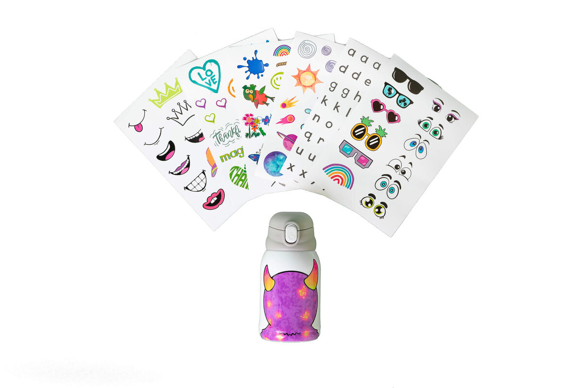 Product shot of a kid's water bottle, with a variety of stickers that can be used to decorate the bottle.