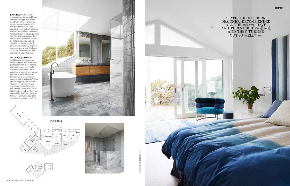 Magazine spread for Lisa Hunter Interiors with luxury blue bedroom and ensuite