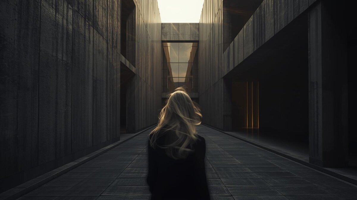 Cinematic brutalist black stone building with golden lighting, moody shadows, and a blurred blonde woman in neutral tones; luxury editorial vibe, wide panoramic composition.