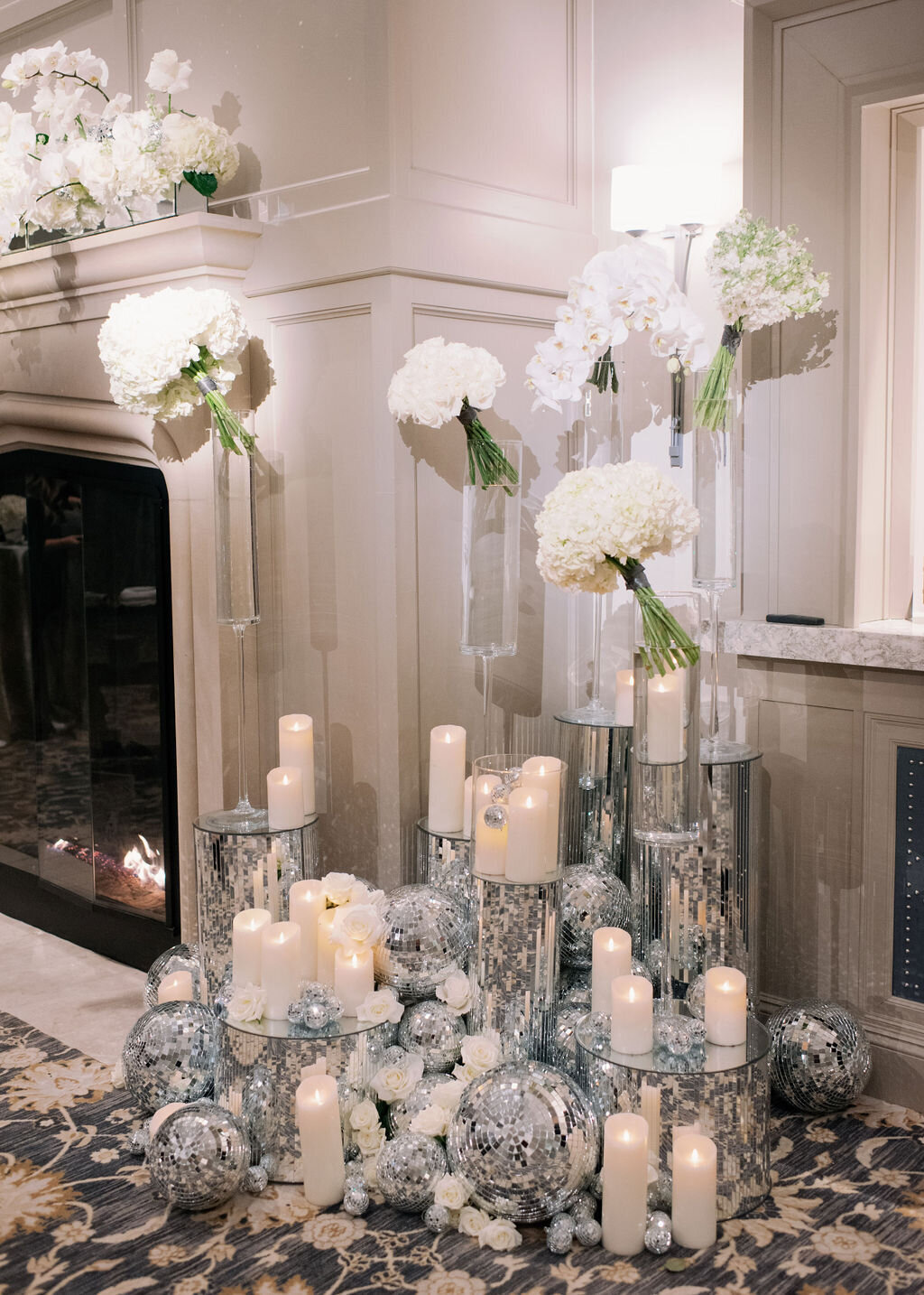 White Wedding Florals with Disco Ball Decor
