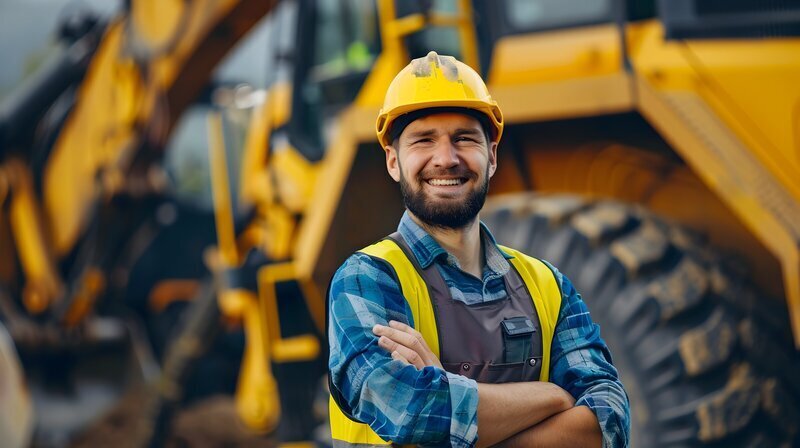 Heavy equipment operator standing in front of heavy machinery.