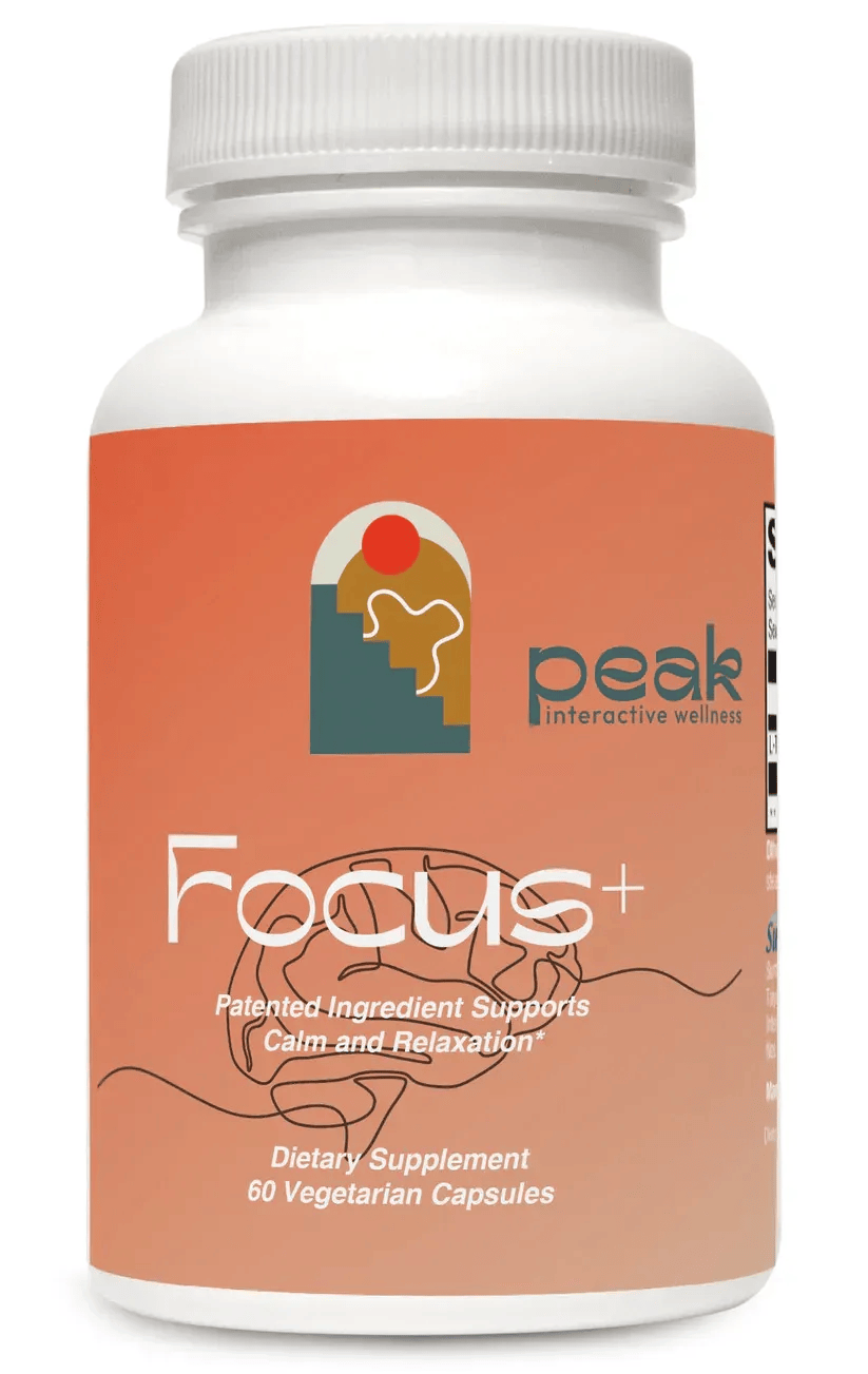 Peak Interactive Wellness Focus+ supplement bottle designed to support calm, relaxation, and mental clarity, available in Denver and Greenwood Village.
