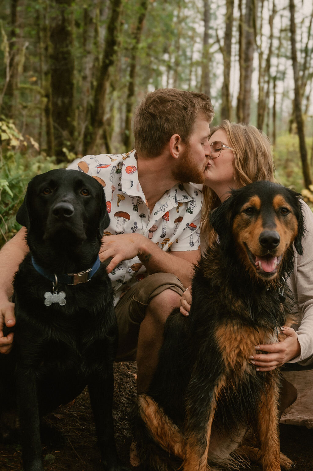 couple kissing with 2 dogs sitting nice