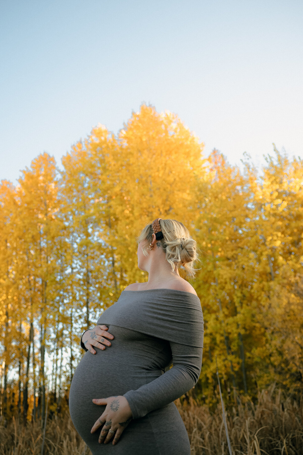 Golden Autumn Maternity Photo with Expecting Mother Under Fall Trees
