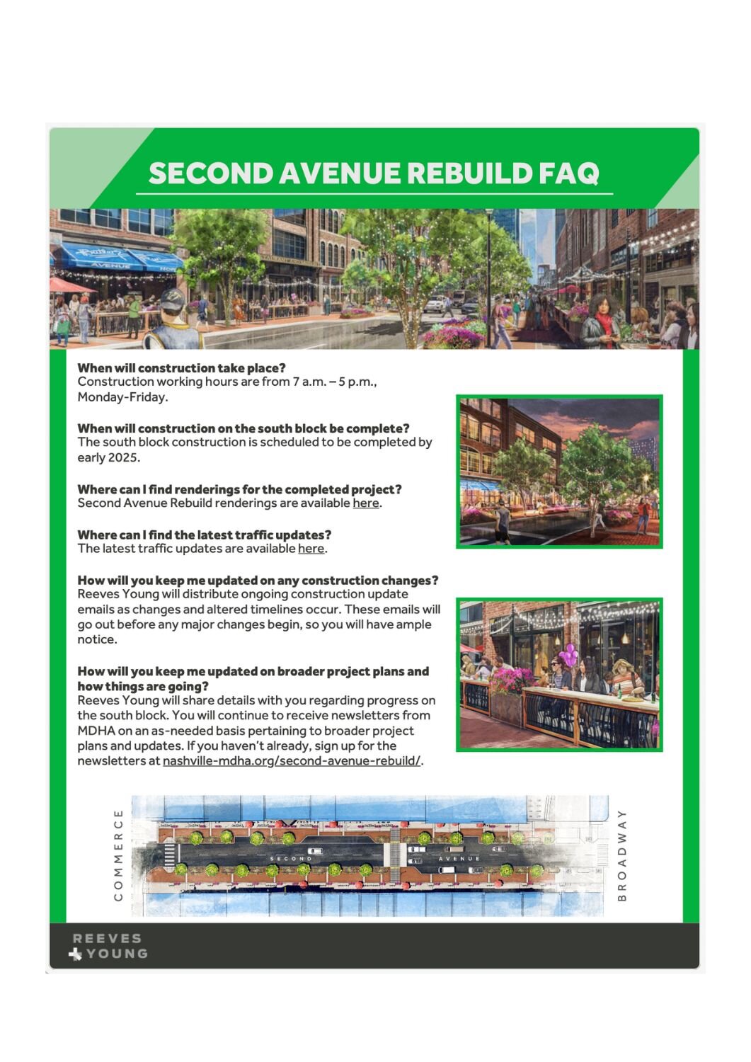  Informational poster about the Second Avenue rebuild project, including FAQ on construction timelines, traffic updates