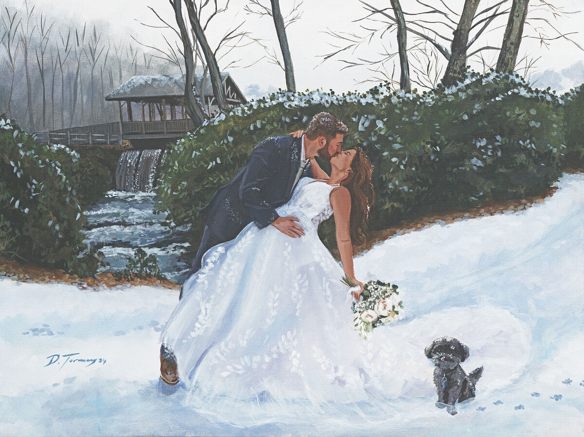 Bride and Groom Kissing in the Snow