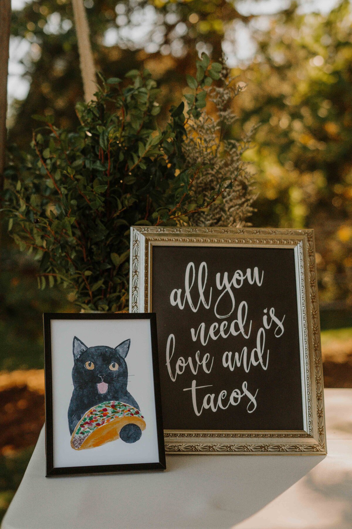 a food sign about tacos at a wedding in vermont