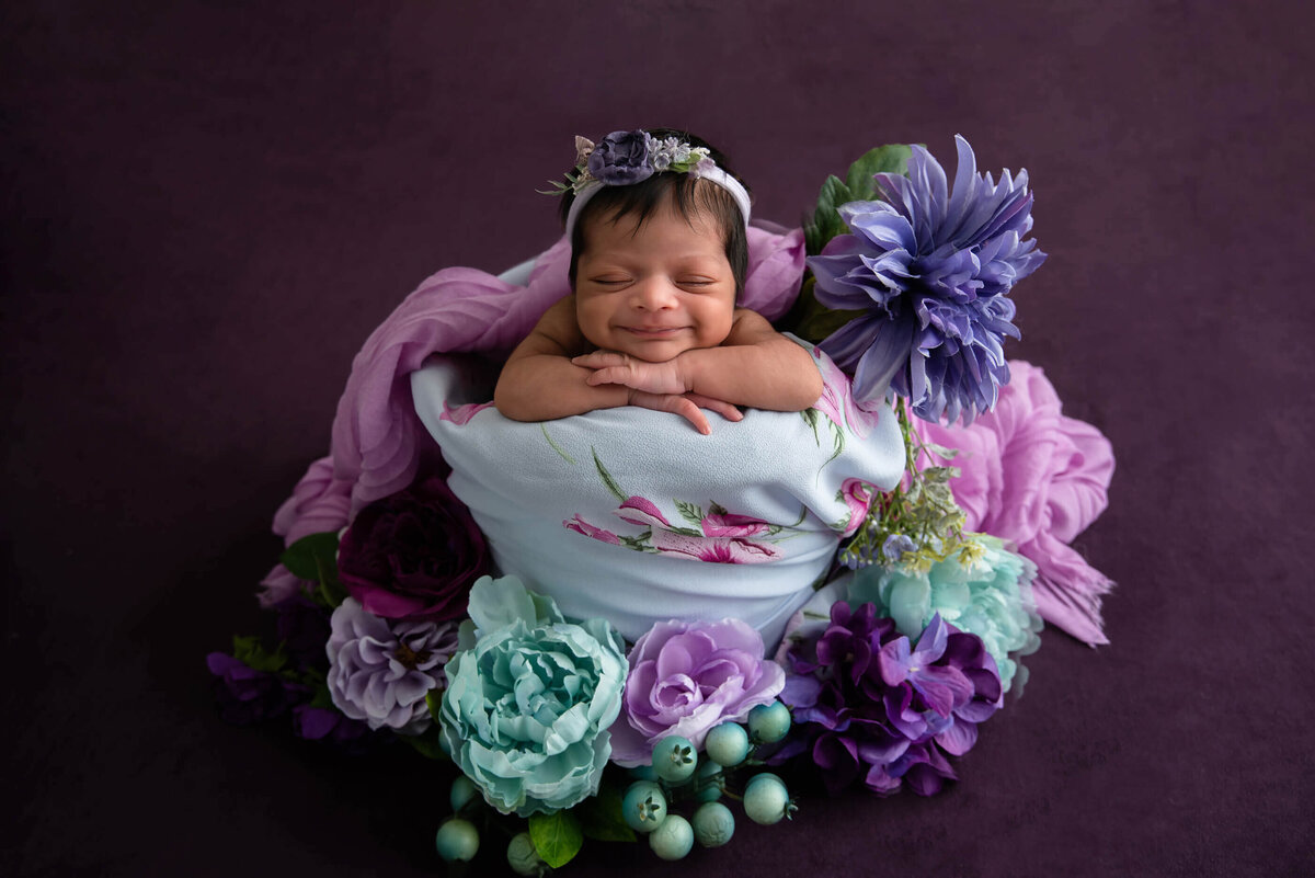 newborn baby in a backet with a purple background for her newborn photography session.