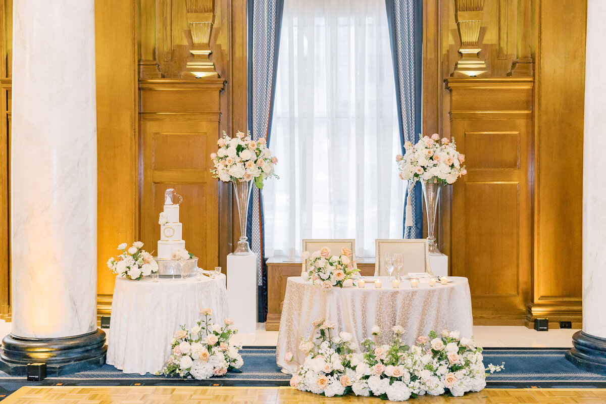 Sweetheart table with wedding cake and flowers.