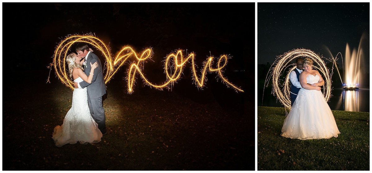 Love is spelled out using a sparkler next to a bride and groom kissing at Lakeside Reflections