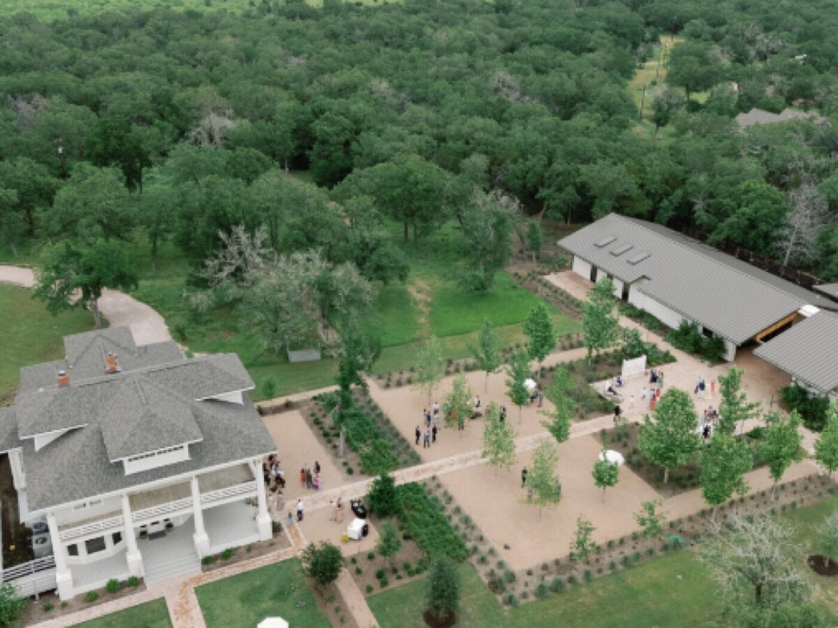 Drone view of the courtyards between the mansion and the hall