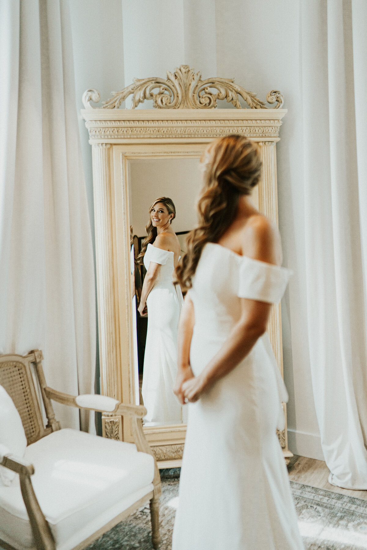 beautiful bride with off the shoulder dress