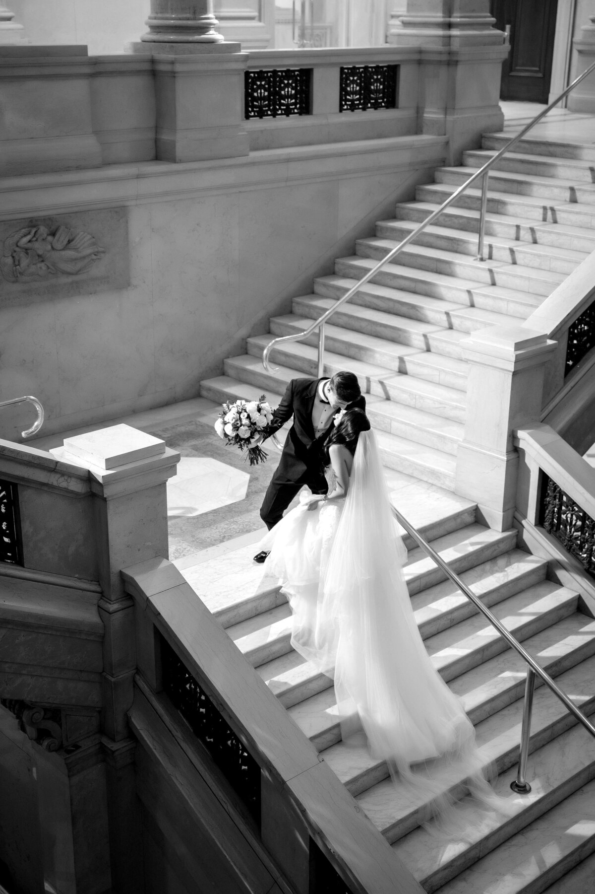grand staircase photo in black and white