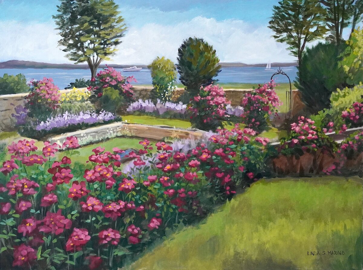 Painting of Harkness Rose Garden in Waterford CT with pink roses and the ocean water with sailboat and ferry