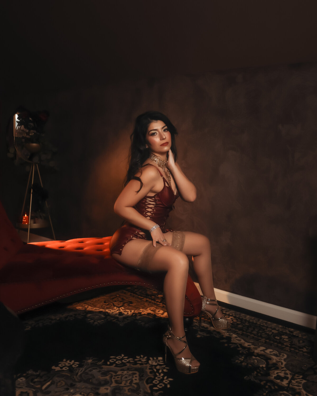 Savannah Boudoir Brunette on red chaise