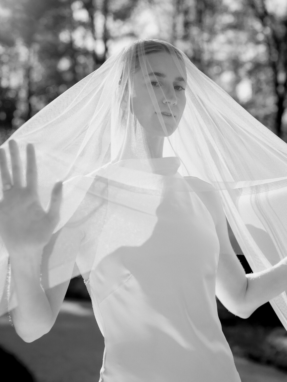 Editorial bridal portrait of bride under veil wearing Danielle Frankel gown