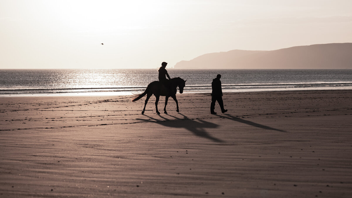 Horse with rider walking on a beach beside a man at sunset