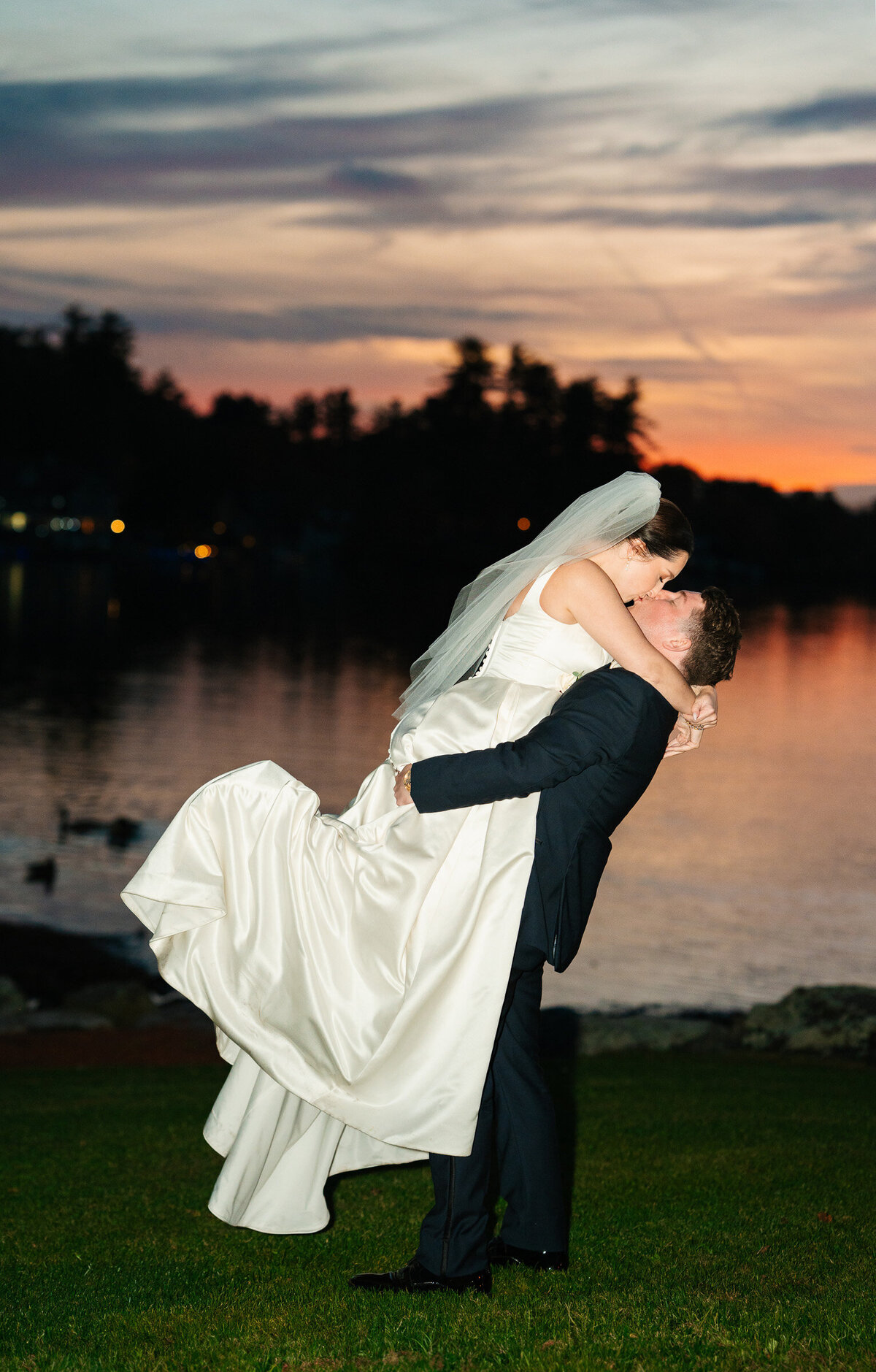 Bride and groom portraits at Castleton in Windham NH with beautiful lake views.