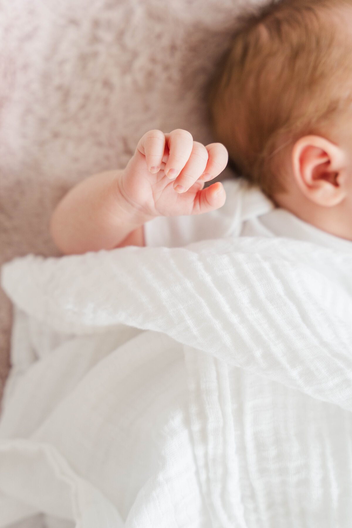 Close-up of a newborn baby, showcasing her tiny hands