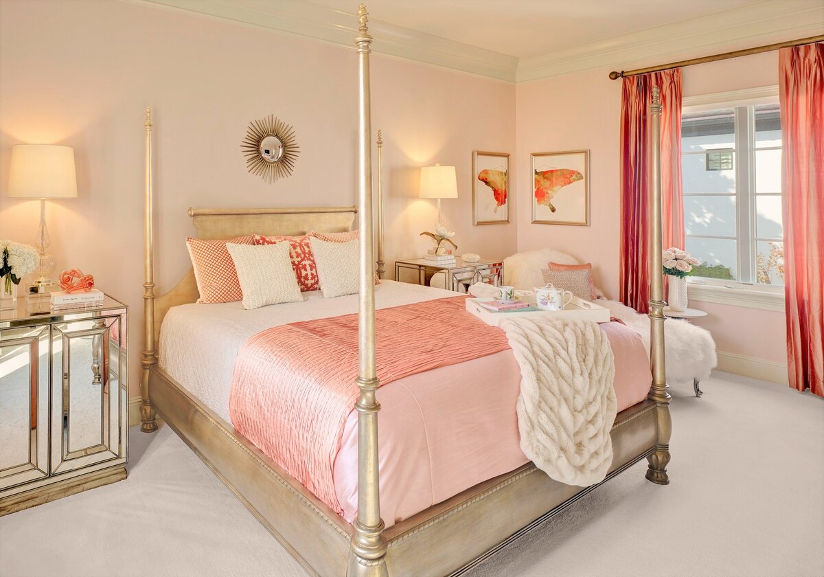 Peach Color Bedroom Interior with Warm Lamps