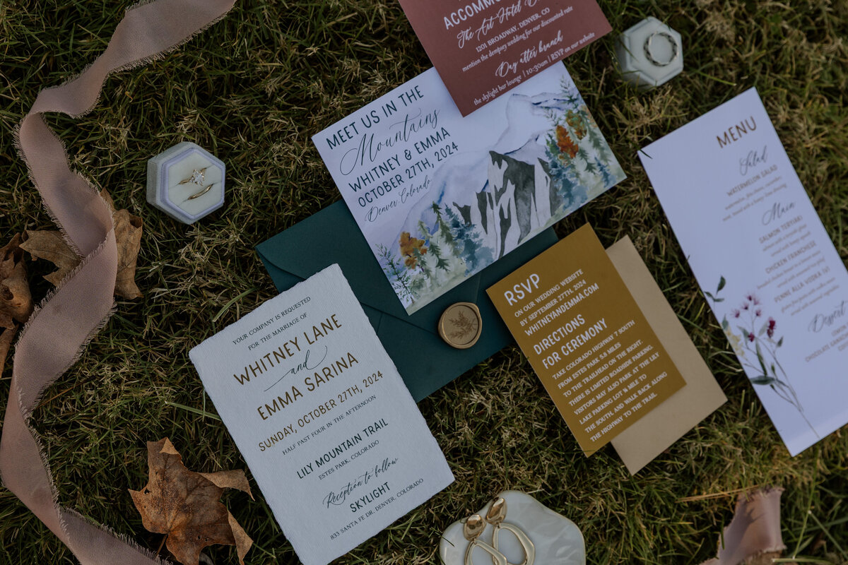 Mountain Elopement Couple Stationery flat lay photos 