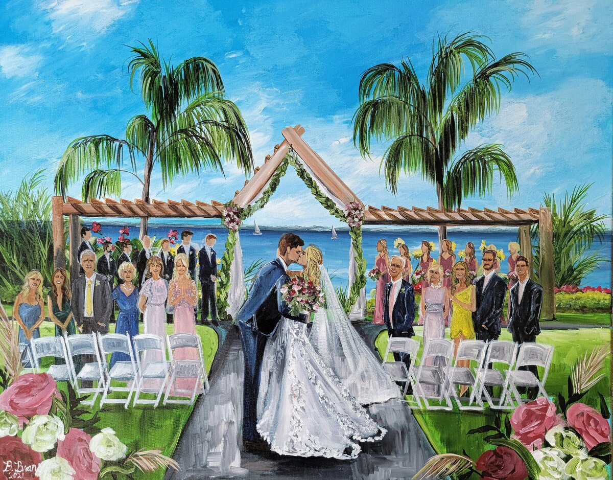 Have you seen a more gorgeous waterfront venue than Herrington On The Bay? Love the green grass, bright florals and palm trees in this epic live wedding painting!