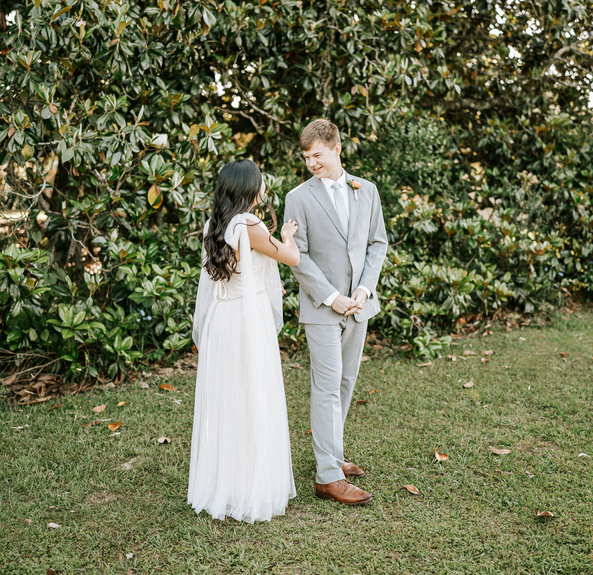 Bride Groom Magnolia Tree First Look