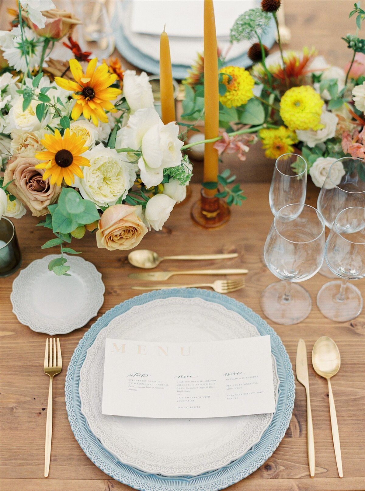 Floral table centerpiece, nature inspired menu, boho dinnerware