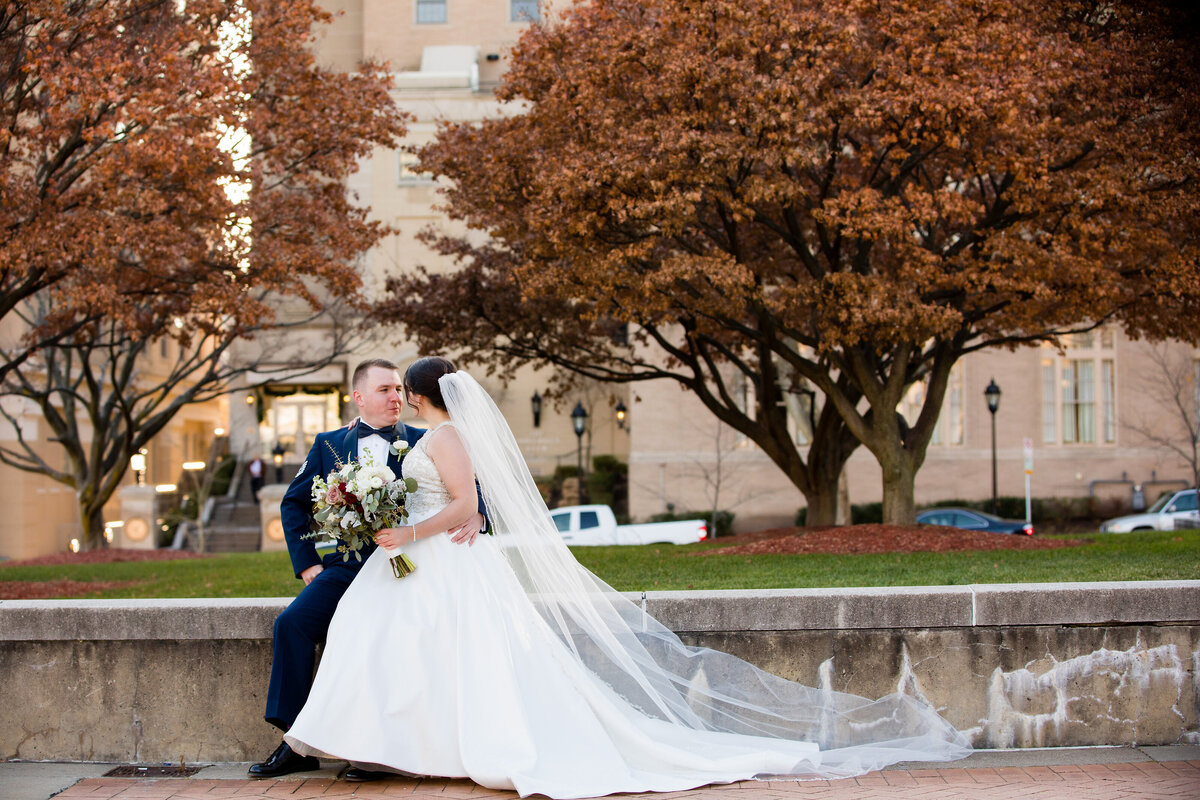married couple outside of soldiers and sailors memorial hall for wedding