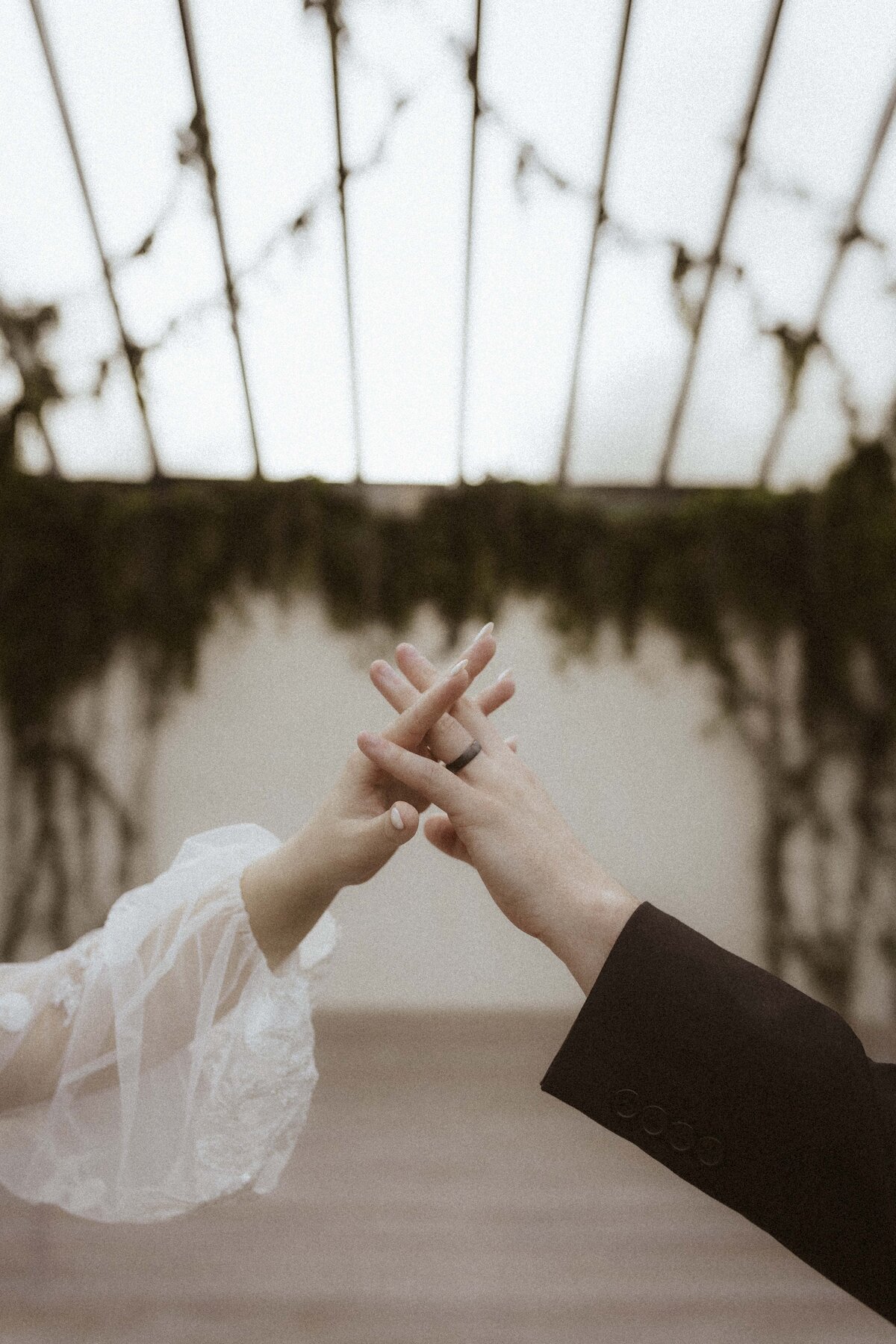 Editorial wedding detail shot of bride and grooms hand at greenhouse wedding venue located in Missouri