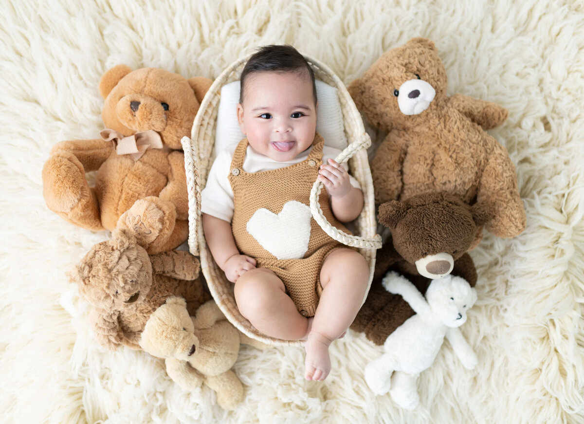 Baby boy in basket surrounded by teddy bears - Maple Grove baby photography studio