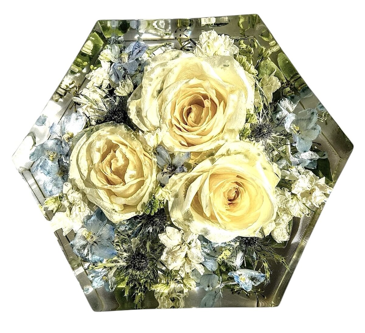 hexagon resin block with bright white and blue wedding flowers preserved as a times keepsake
