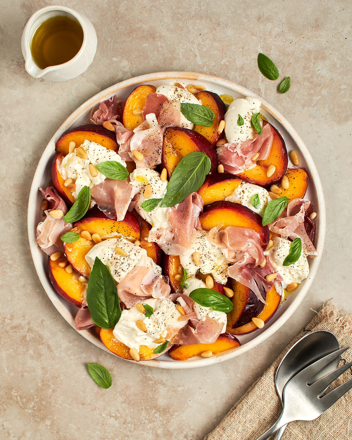 Peach burrata prosciutto salad - hero 02