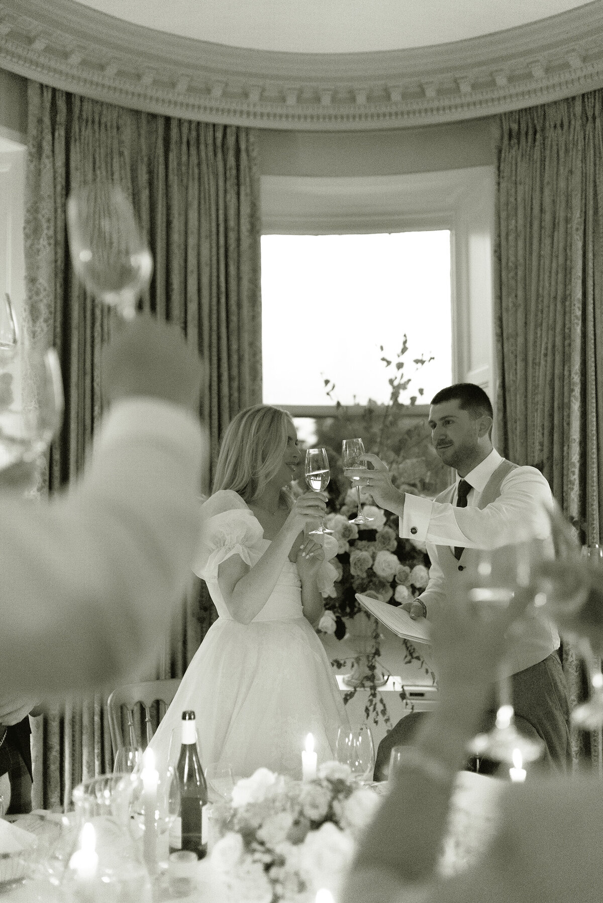 Black and white editorial wedding photography by Jill Cherry Porter of Bride and Groom in Cromlix House Scotland.