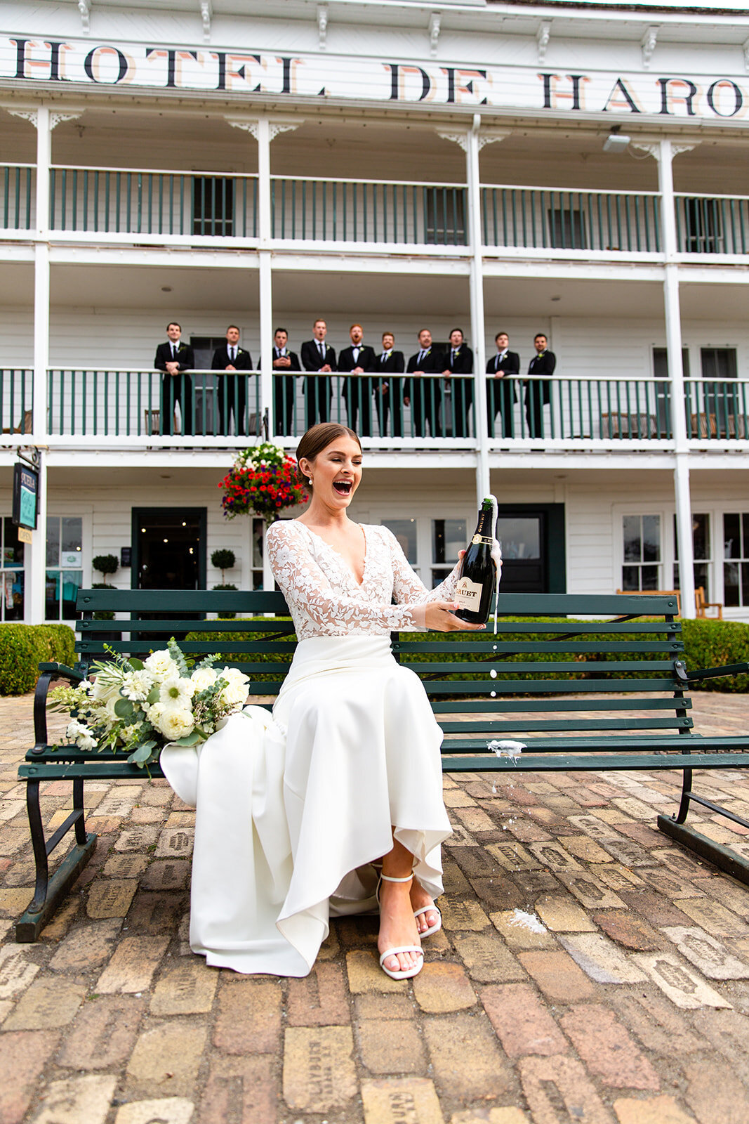 Bride with champagne Roche Harbor Resort