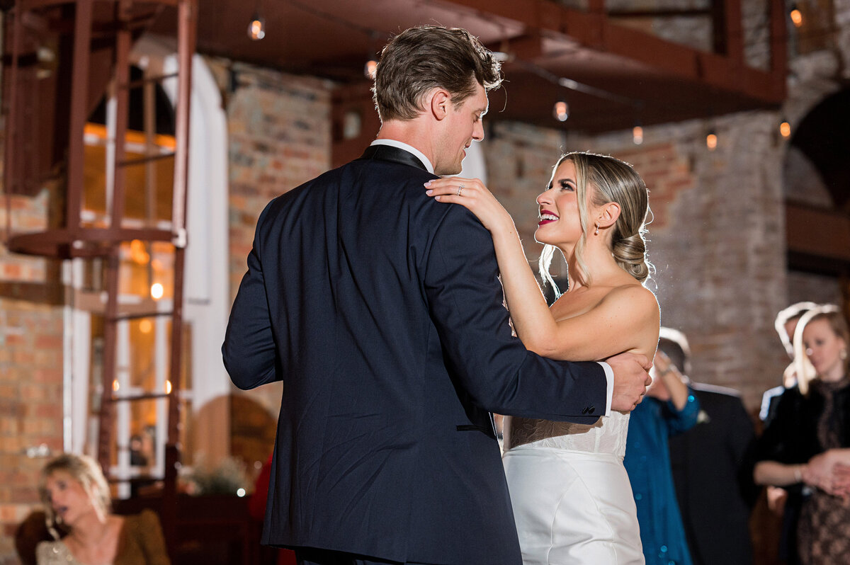 first dance on wedding day inside of pump house