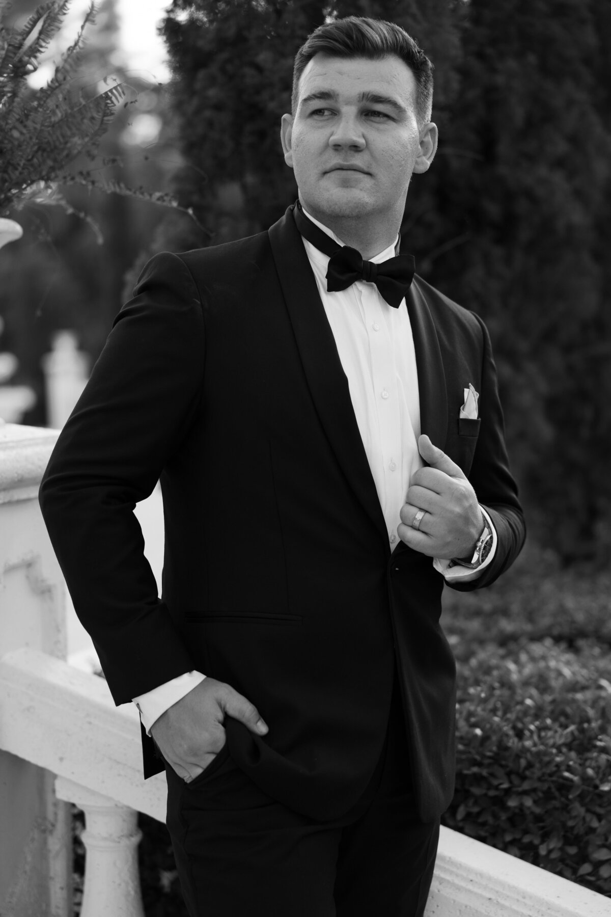 Groom Portraits black and white at La Casa Toscana Wedding Venue Fort Myers Florida