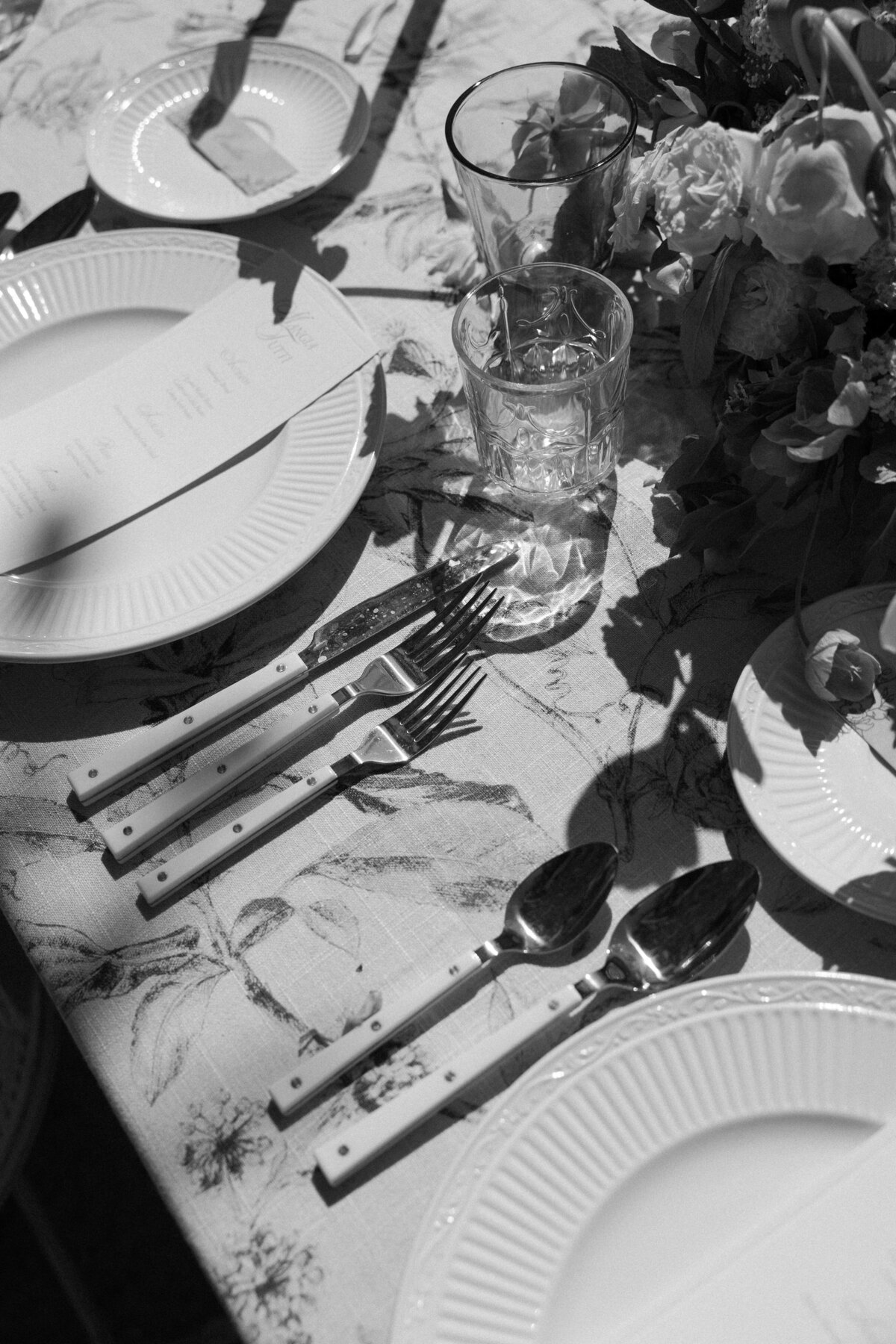 Black and white close up of wedding reception details captured by a La Jolla wedding photographer.