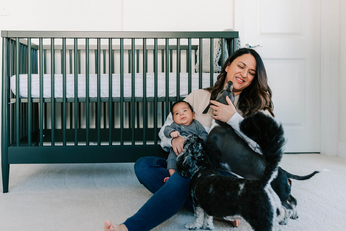 newborn photos in Alexandria VA of a mom, her newborn son, and two dogs