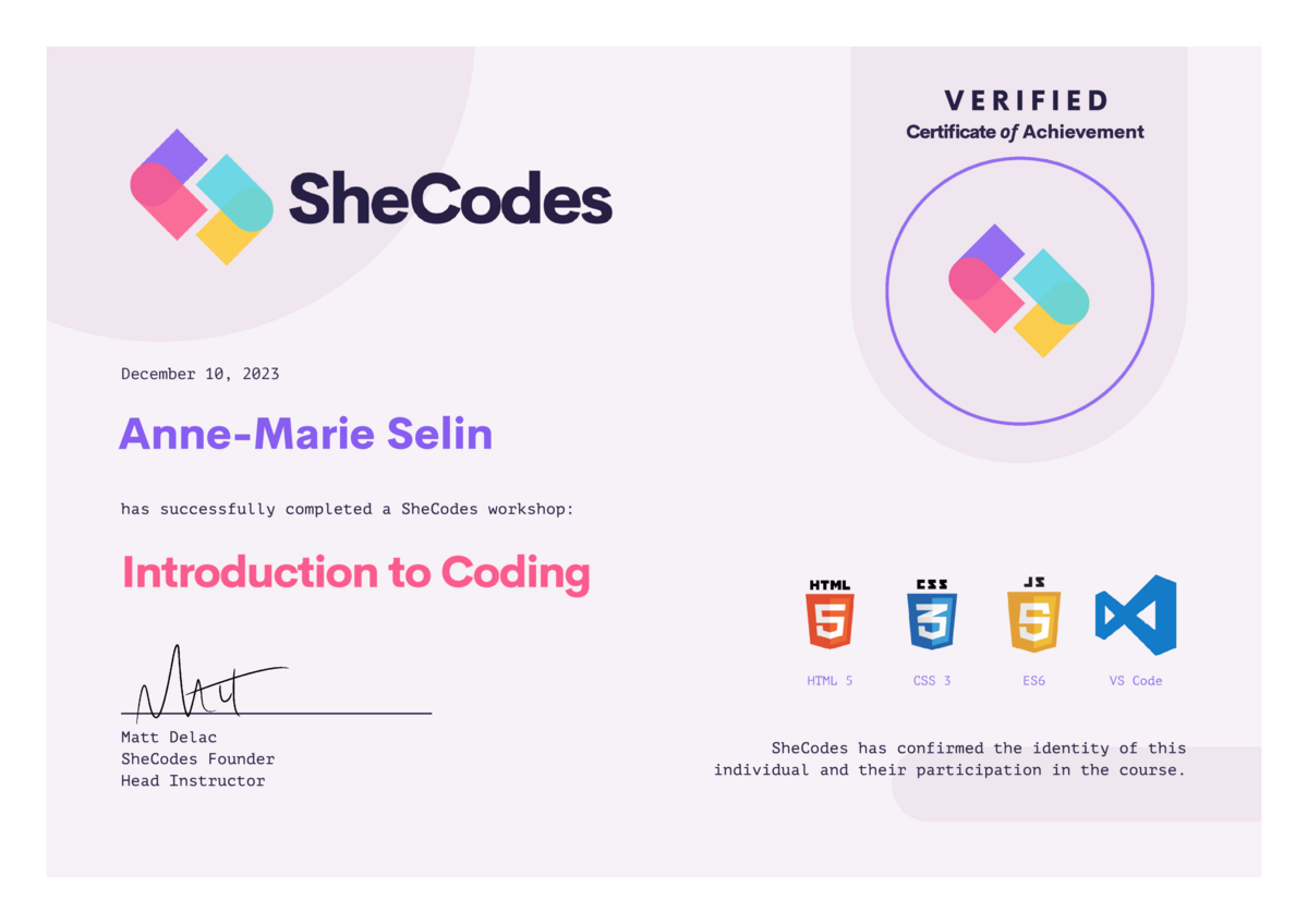 SheCodes Basic Certificate A.Selin