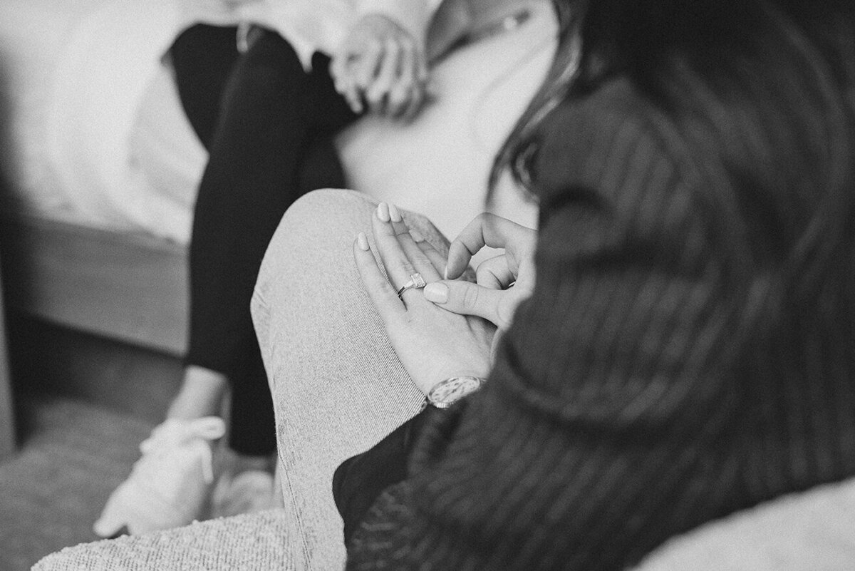 Mira Park Photography NY based wedding photographer Black and white photo of wedding proposal in 1 Hotel in Central Park, NY