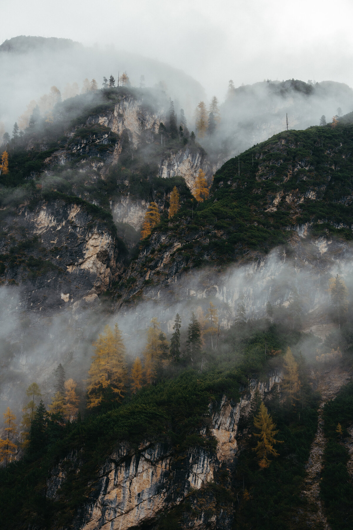 Clouds rolling over mountain ridge with autumn trees