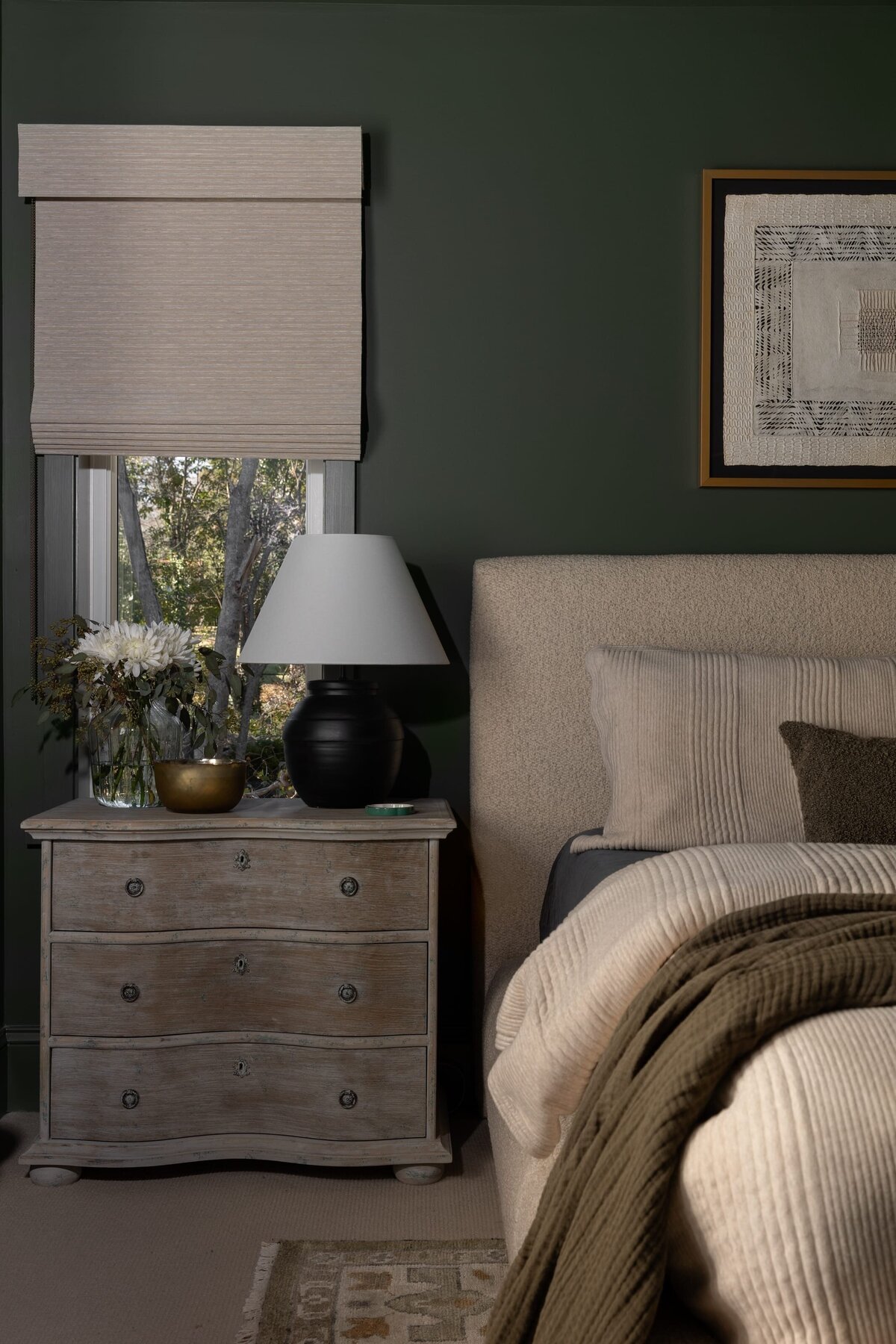 melinda chesson interiors murrayhill road bedroom side table with black lamp and white shades
