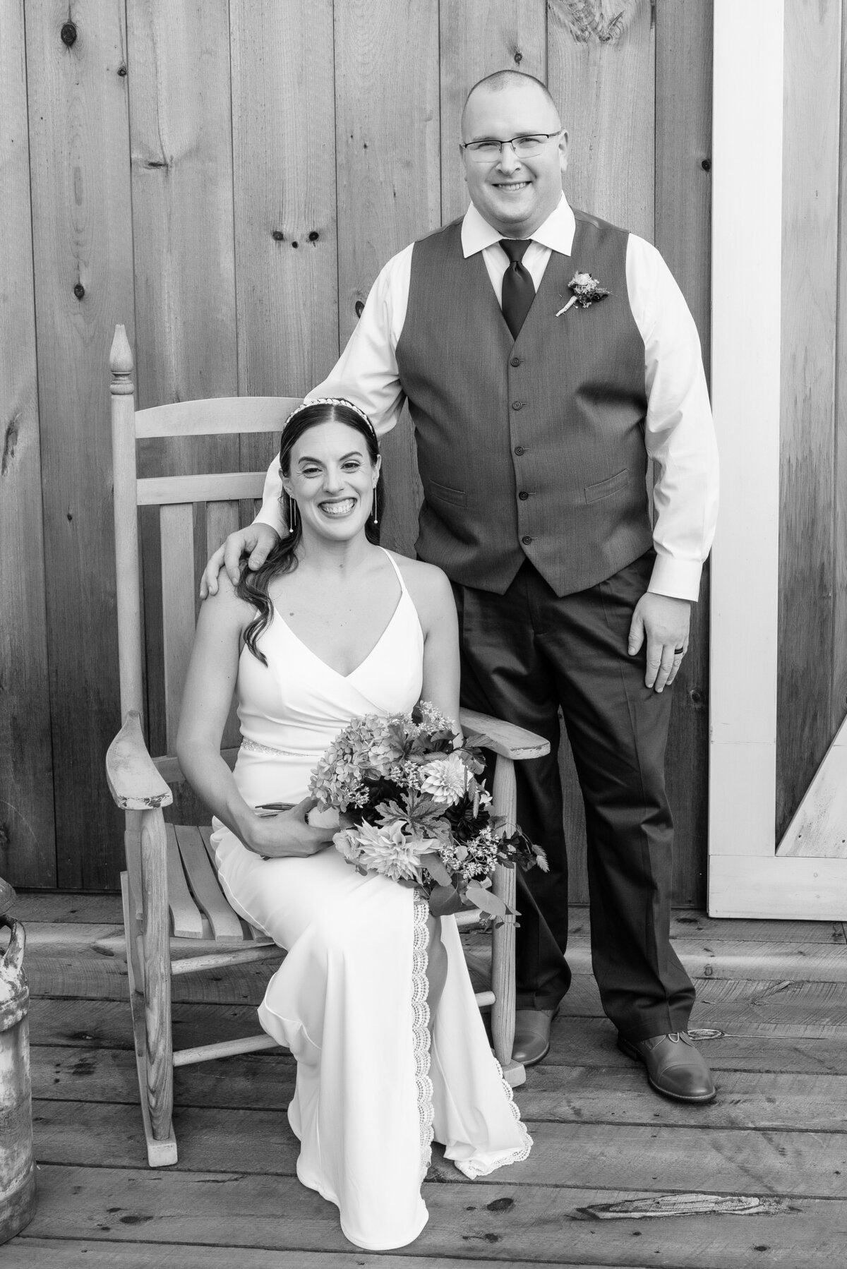 Black and white wedding portrait bride and groom at Churchill Barn in York Maine