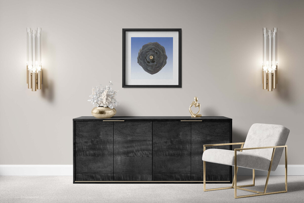 Fine art photo print with a black wooden frame featuring Project Stardust micrometeorite NMM 244