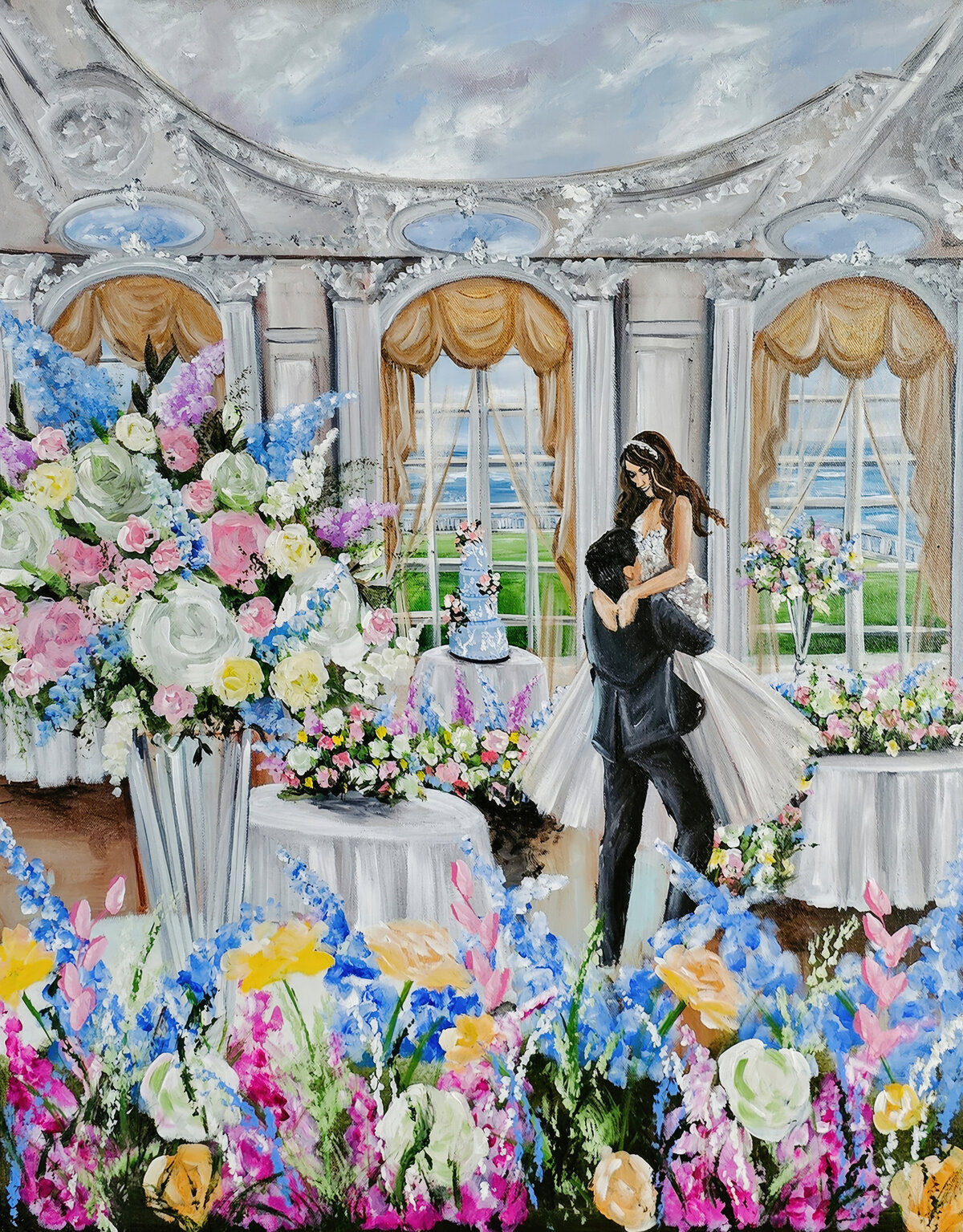 A live wedding painting completed at the Rosecliff mansion in Newport Rhode Island featuring a groom lifting his bride during their first dance