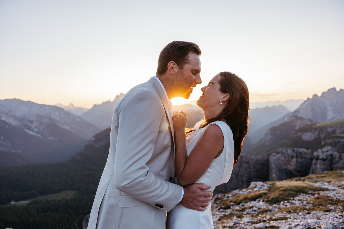 Sweet couple mountain top elopement Tre Cime Dolomites